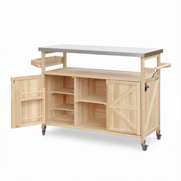 BOVZA Outdoor Kitchen Island on Wheels, Rolling Bar Cart and Storage Cabinet, Solid Fir Wood Grill Table with 201 Stainless Steel Top, Spice Rack and Towel Rack, Natural