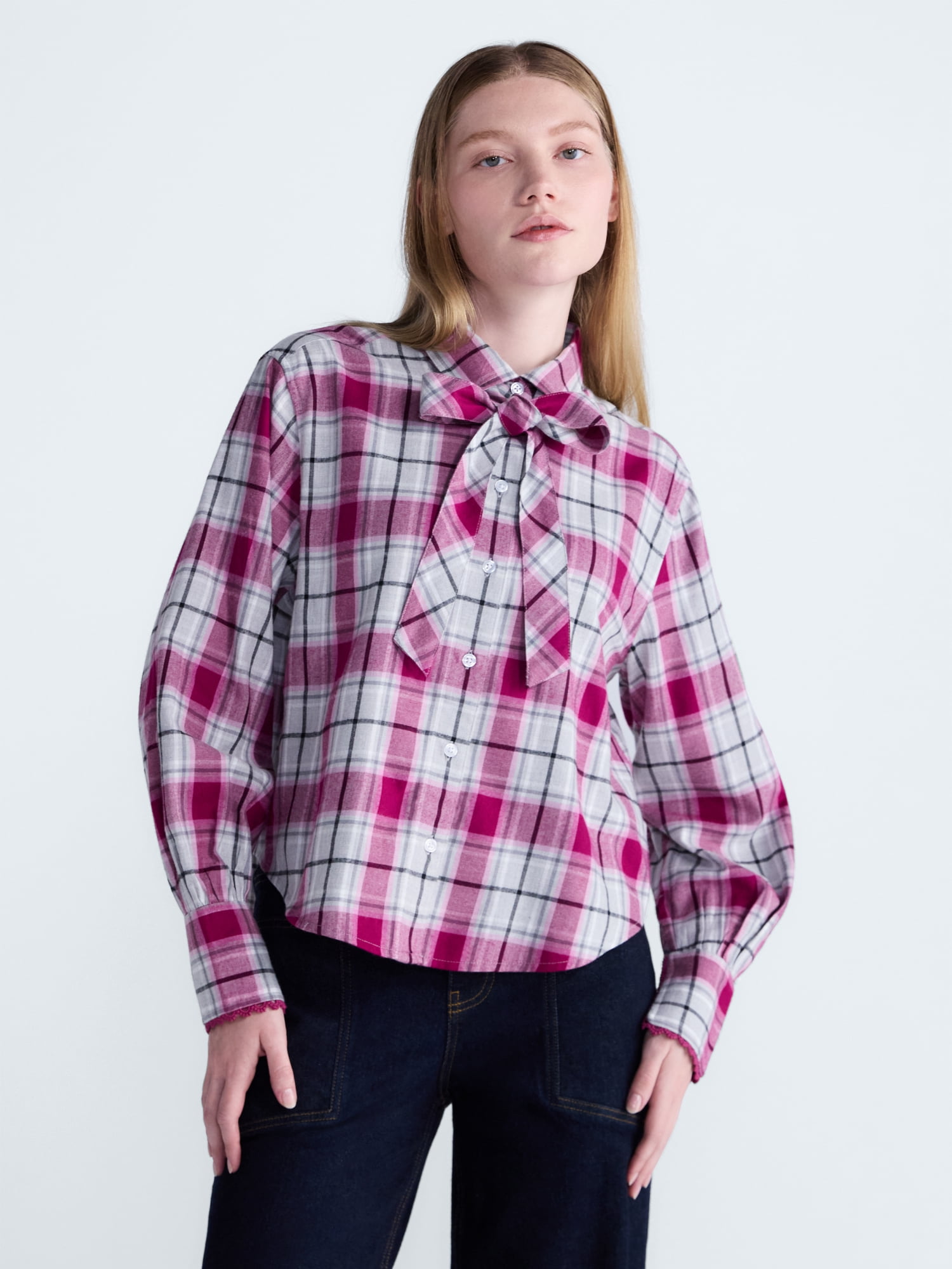 Scoop Women's and Women's Plus Plaid Bow Shirt, Sizes XS-4X