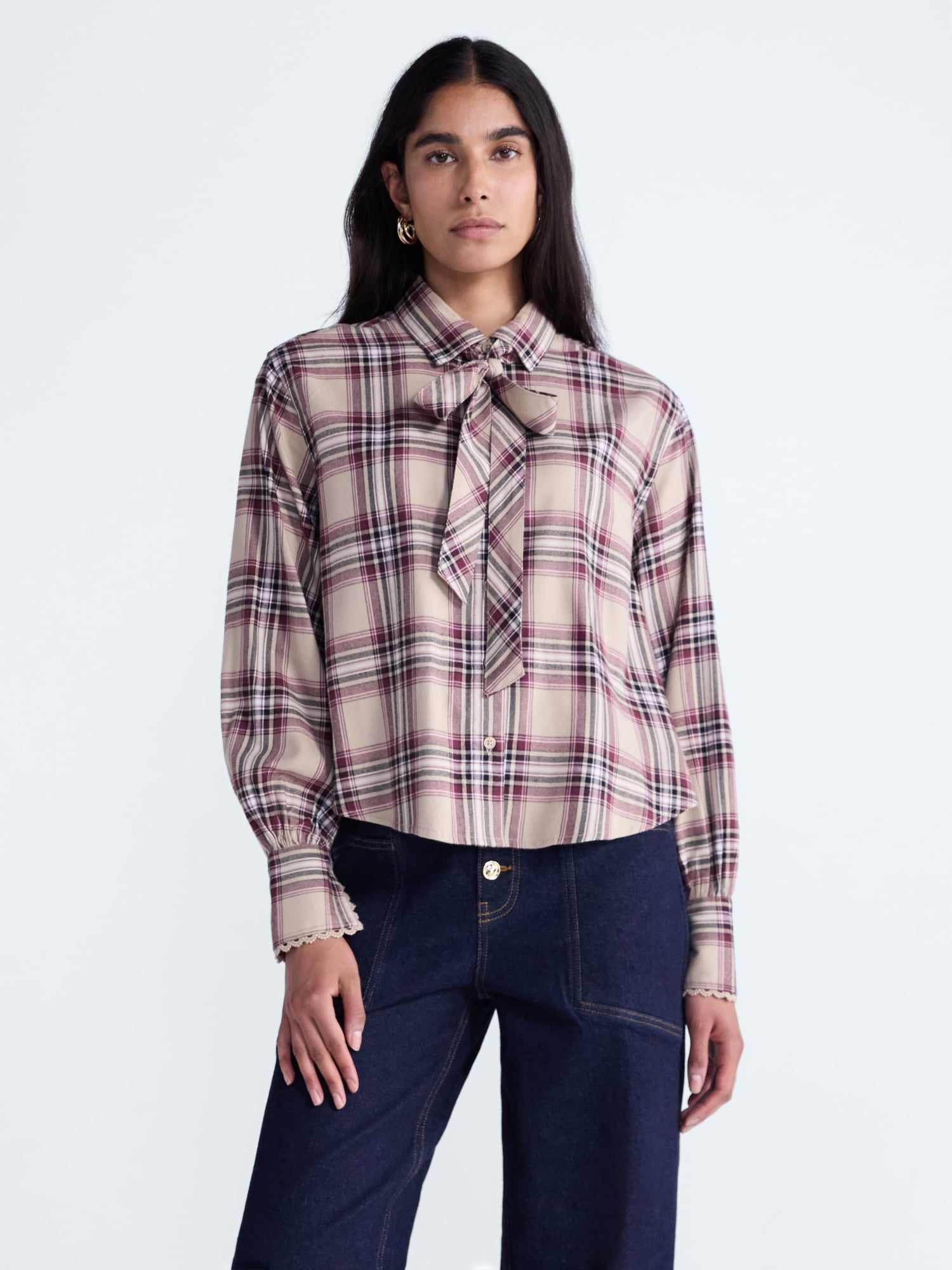Scoop Women's and Women's Plus Plaid Bow Shirt, Sizes XS-4X