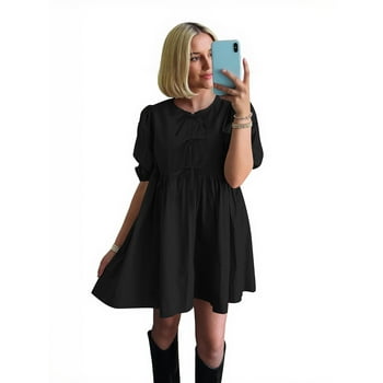 PRETTYGARDEN Women's Bow Front Mini Dress with Puff Sleeves, Sizes S-XXL