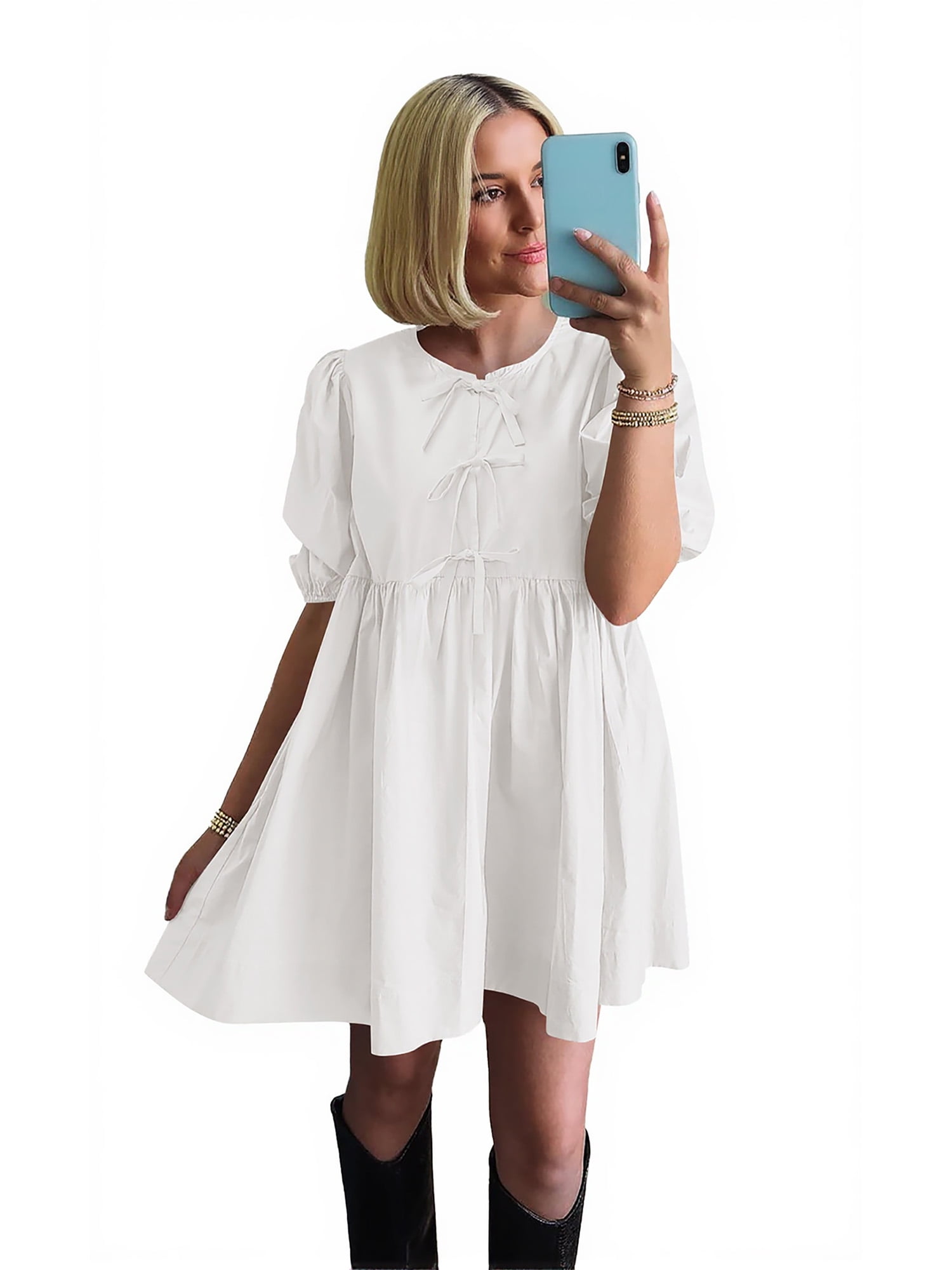 PRETTYGARDEN Women's Bow Front Mini Dress with Puff Sleeves, Sizes S-XXL