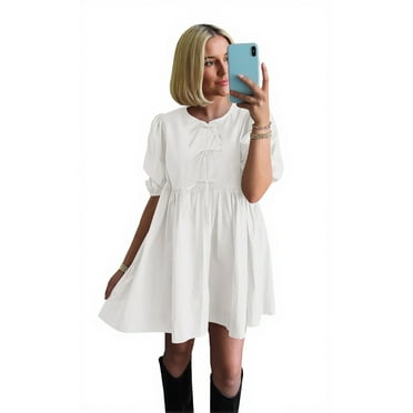PRETTYGARDEN Women's Bow Front Mini Dress with Puff Sleeves, Sizes S-XXL
