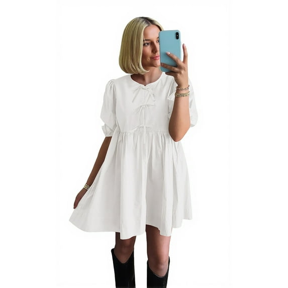 PRETTYGARDEN Women's Bow Front Mini Dress with Puff Sleeves, Sizes S-XXL