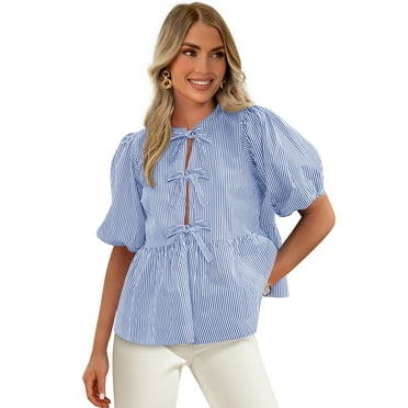 PRETTYGARDEN Women's Bow Front Top with Puff Sleeves, Sizes S-XXL