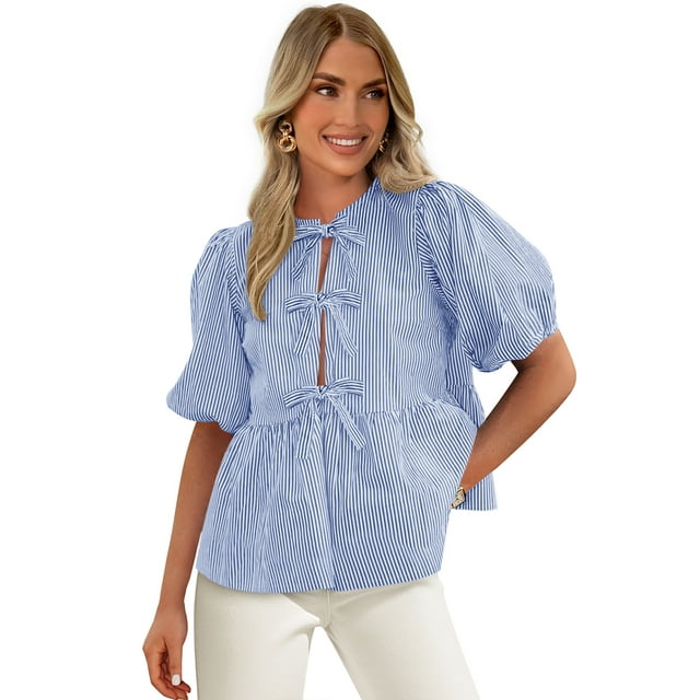 PRETTYGARDEN Women's Bow Front Top with Puff Sleeves, Sizes S-XXL