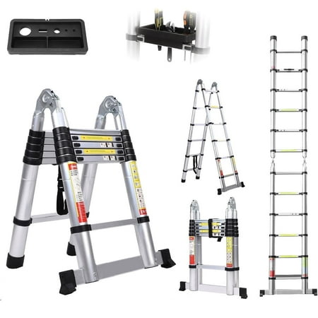 BOWEITI 12.5FT Multi-Purpose A-Frame Telescoping Extension Aluminum Ladder with Wheels/Tooltray 330lb Capacity