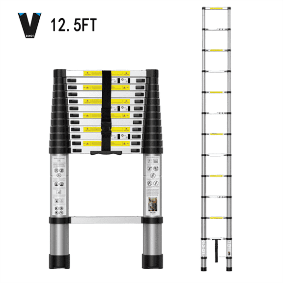 BOWEITI 12.5 ft TELESCOPIC LADDER, ALUMINUM FOLDABLE WITH NON-SLIP FEET, LIGHT RV COMPACT LADDER, HOME, OUTDOOR, 330 LB CAPACITY EXTENSION LADDER (12.5 FT)