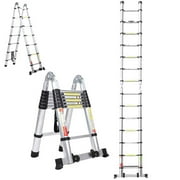 BOWEITI 14.5 FT RETRACTABLE A-FRAME LADDER NATURAL COLOR, ALUMINUM RETRACTABLE STEP 330 LB CAPACITY FOR OUTDOOR INDOOR COMPACT
