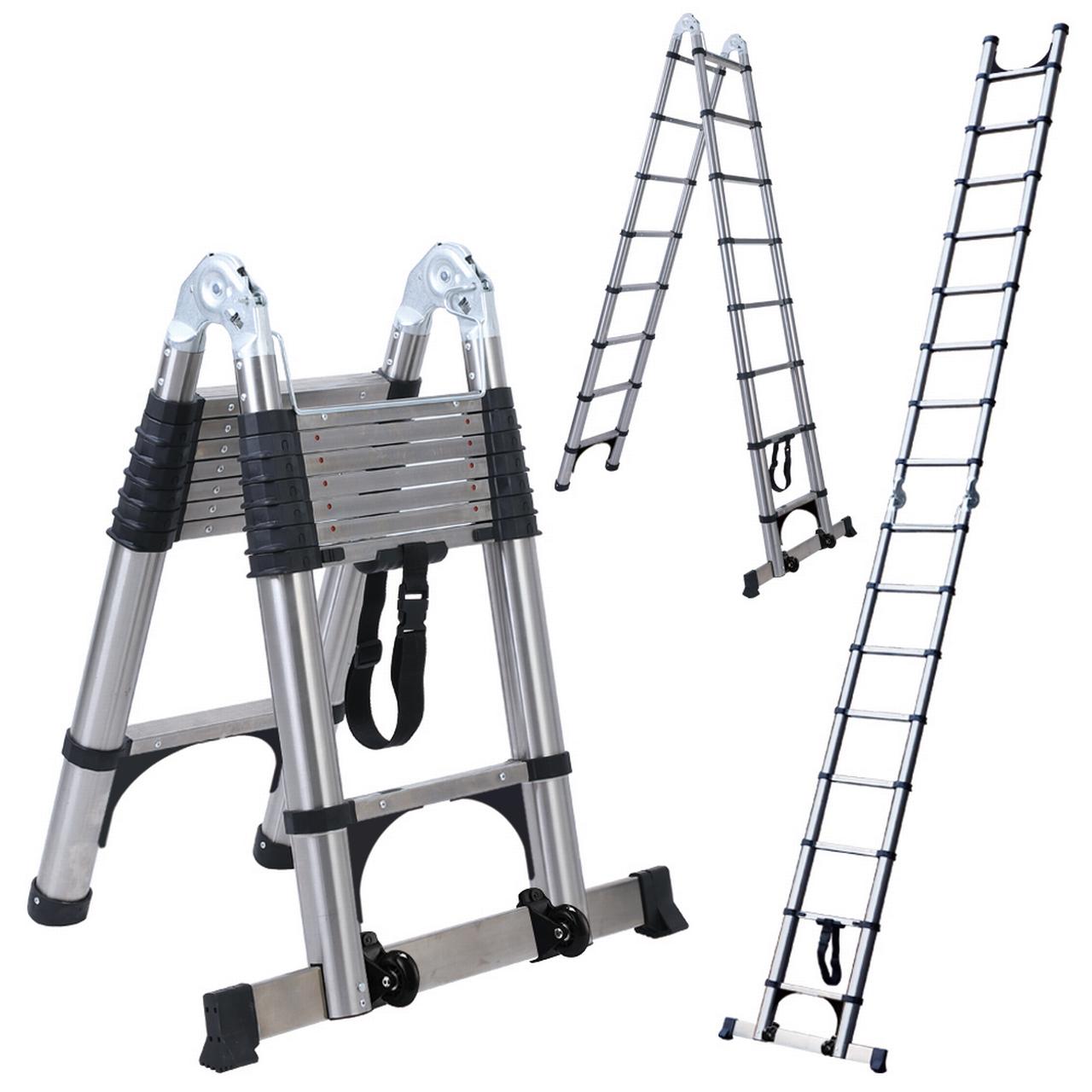 BOWEITI 16.5FT One-buttom Retraction Multi-Purpose A-Frame Telescoping Extension Stainless Steel Ladder with 2 Triangle Stabilizers & Wheels, 330lb Capacity
