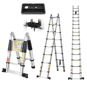 BOWEITI 16.5FT Telescoping A Frame Ladder black-orange with Balance Bar and Movable Wheel and Tool Tray,Aluminum Extendable Steps 330LB Capacity for Decoration Outdoor Indoor Compact