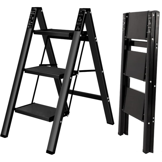 Boweiti 3 Step Ladder Steel Folding Step Stool With Wide Anti Slip Pedal Portable Lightweight