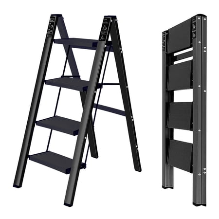 BOWEITI 4 Step Ladder, Steel Folding Step Stool with Wide Anti-Slip Pedal, Portable Lightweight Multi-Use Stepladder 330lbs (Black)