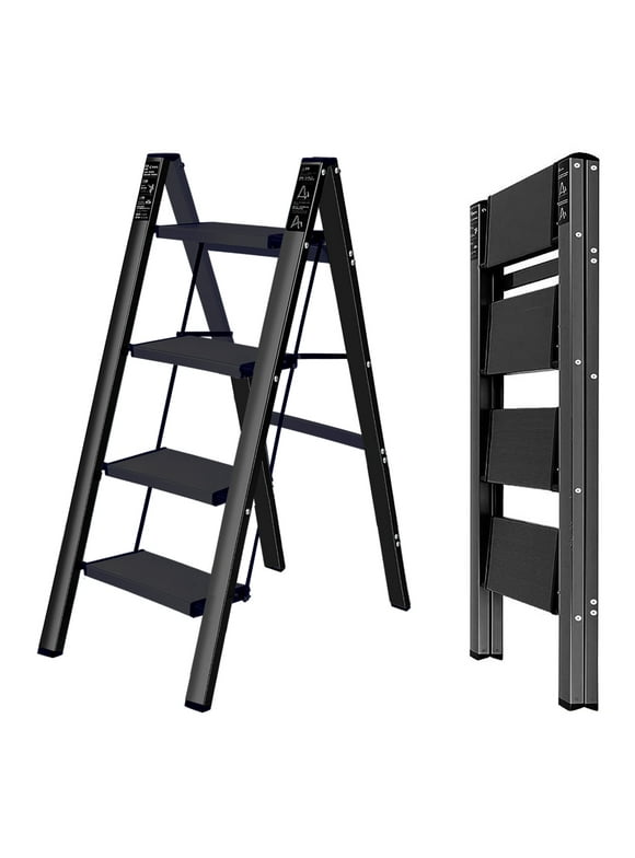 BOWEITI 4 Step Ladder, Steel Folding Step Stool with Wide Anti-Slip Pedal, Portable Lightweight Multi-Use Stepladder 330lbs (Black)