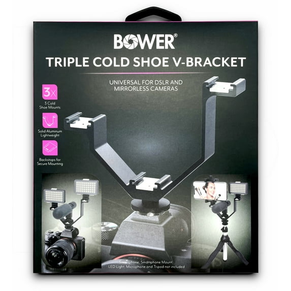 BOWER Universal Triple Cold Shoe Mount for DSLR Cameras and Tripod - V-Bracket, Heavy-Duty Aluminum, Lightweight, Secure Mounting of LED Lights, Monitors, Microphones, Smartphones, and More