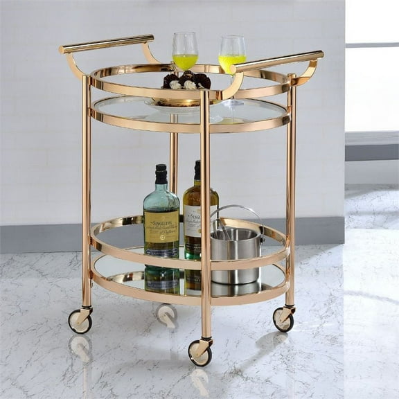 BOWERY HILL 2 Tiered Serving Cart in Clear Glass and Rose Gold, 34" H x 27" W x 19" D