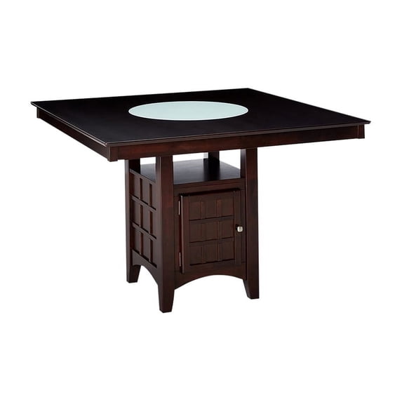 BOWERY HILL Counter Height Square Dining Table with Wine Storage Base and Integrated Lazy Susan in Cappuccino