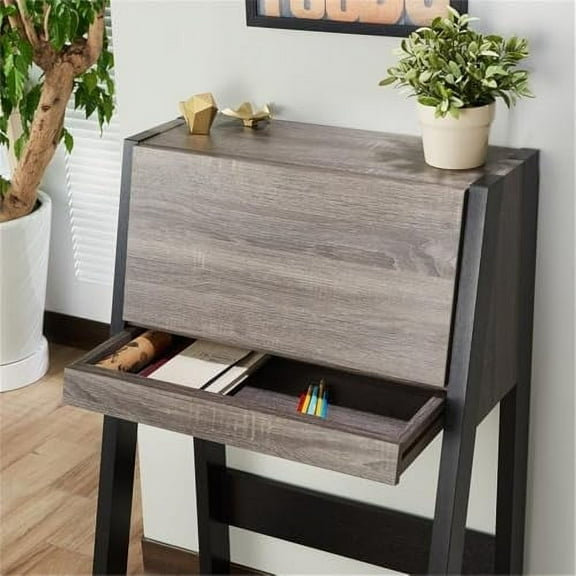 BOWERY HILL Modern Wood Secretary Desk in Distressed Gray and Black