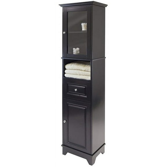 BOWERY HILL Tall Bathroom Storage Cabinet with Glass Door, Adjustable Top Shelf and Drawer - Fits Tight Corners and Narrow Space, Solid Wood in Black