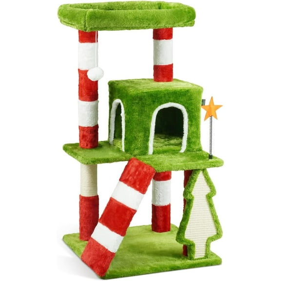 BOWHAUS Christmas Cat Tree, Multi-Level Holiday Activity Cat Tree Tower with Scratching Post, Cozy Hammock, Fluffy Play Ball & Cave Condo, Indoor Christmas Decoration for Kitties