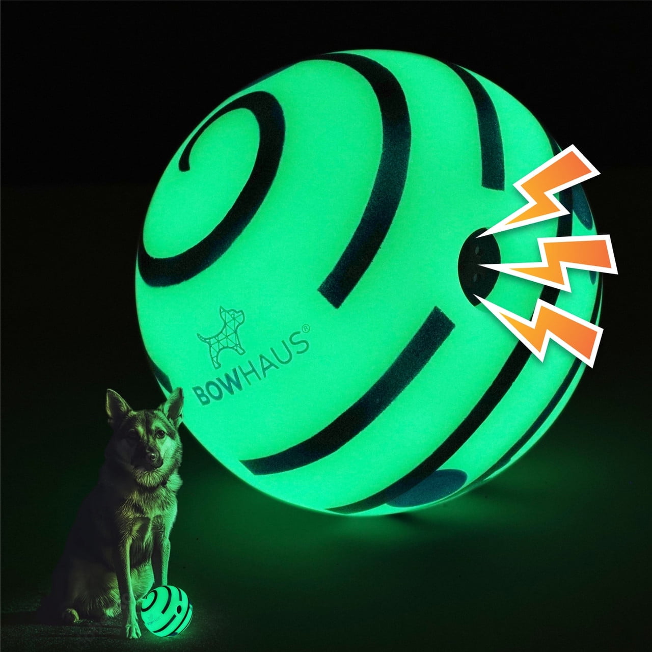 BOWHAUS Giggle Glow in The Dark Ball for Dogs, 5.5 Inch Interactive Dog Exercise Toys, Indestructible Fun Squeaky Chew Toy, Non-Toxic Durable PVC Chew Ball for Indoor Outdoor Play