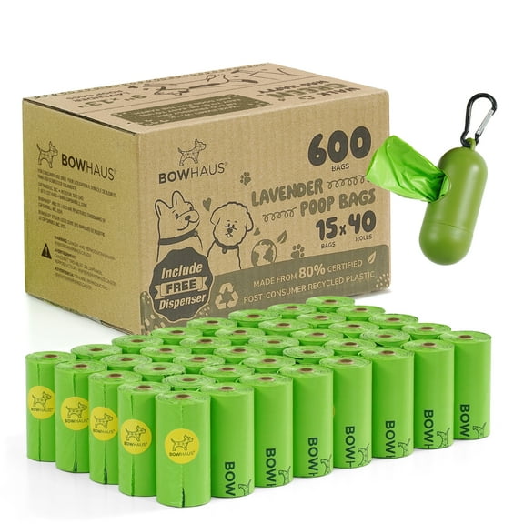 BOWHAUS Lavender Scented Dog Poop Bags w/ Dispenser, 80% PCR Eco-Friendly Materials, 9” x 13” Extra Thick Leak Proof Waste Bag for Pet, Doggy Bag Refill Rolls, Versatile Dog Waste Bags, 600 Counts