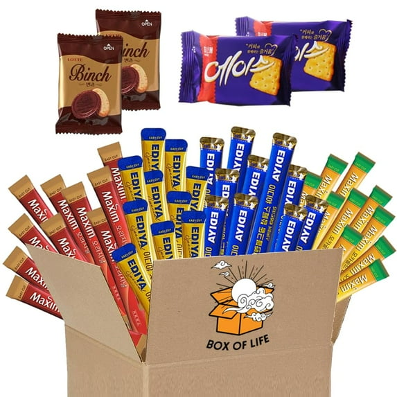 BOX OF LIFE Korean Instant Coffee Mix Sticks Variety Pack 40 Individual Coffee Sticks (10 of Each Flavor - Maxim Original, Maxim Mocha Gold, Ediya Special Gold Blend, Ediya Mocha Blend) + 4 Snack