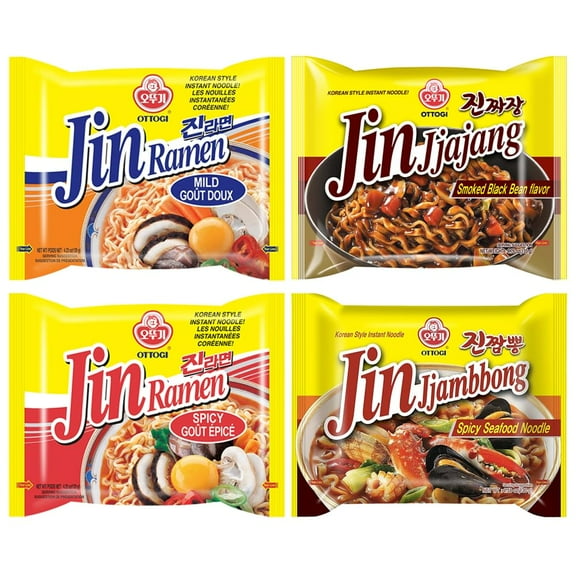 BOX OF LIFE Ottogi Instant Jin Ramen Noodle 4 Flavor Combo (Mild, Spicy, Jjajang, Jjambbong) Korean Ramen Set, Korean Style Instant Noodle Set