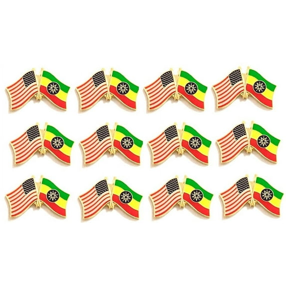 BOX of 12 Ethiopia & US Crossed Flag Lapel Pins, Ethiopian & American Double Friendship Pin Badge