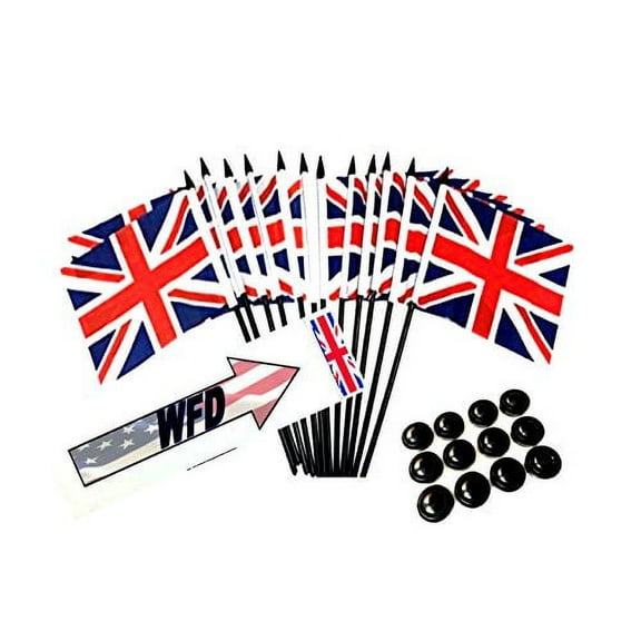 BOX of 12 United Kingdom 4"x6" Miniature Desk & Table Flags With 12 Flag Stands, 4x6 British Small Mini Stick Flags