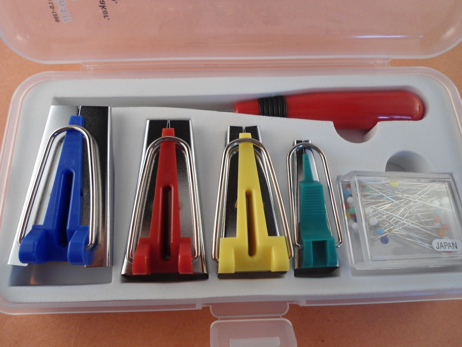 BOX of 4 SIZES BINDER BIAS TAPE MAKERS, AWL, PIN SET FOR SEWING QUILTING