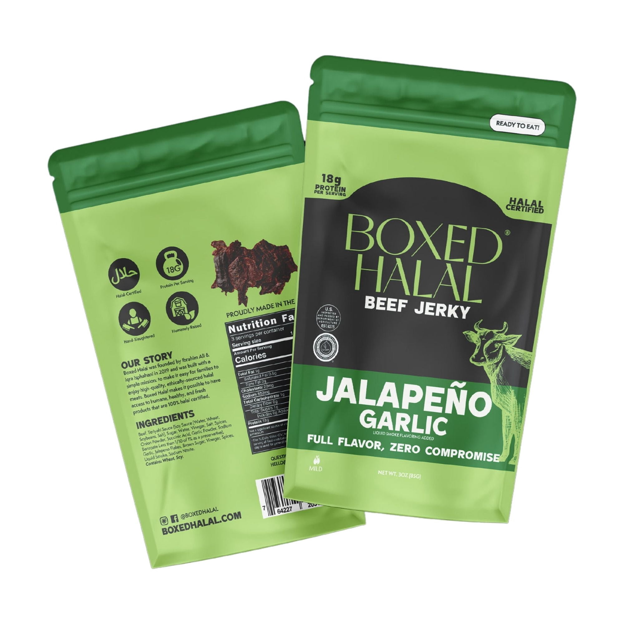 BOXED HALAL Premium 100% Grass-Fed Jalapeño Garlic Beef Jerky Strips, 13g Protein, HFSAA Certified Halal, Keto Friendly Snack, 3 Oz. Bags (3 Pack)