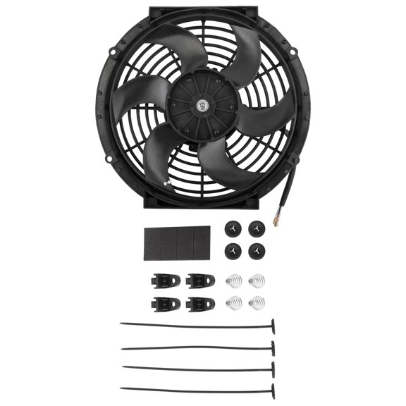 BOXI 10" Universal Electric Radiator Cooling Slim Fan 12V with Mounting Kit (Heavy Duty Wide Curved - 6 S Blades, 10 Inch Push Fan Black)