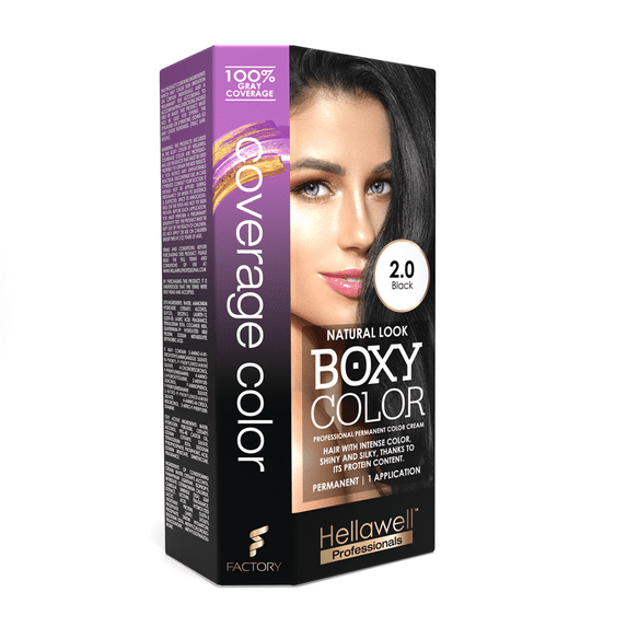 BOXY COLOR Coloring kit professional, permanent color cream hair dye with Vegetal Protein to get Hair with intense color shiny and silky. 100% Gray Coverage. (2.0 Black)