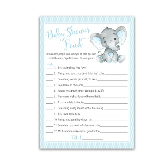 BOY Baby Shower FEUD Game Pack of 25 Fun Shower Family Feud Games, BLUE Elephant Baby Shower Activity, Little Peanut Baby Shower Fued Games, Couples Shower Roseum Collections G501-BSF1