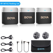 BOYA BY-M1V 2.4GHz Dual-Channel Wireless Lavalier Microphone System with Noise Cancellation, 7-Level Gain Control, 60m Transmission, 6H Battery, Compatible with Smartphone/DSLR/Camera - Black