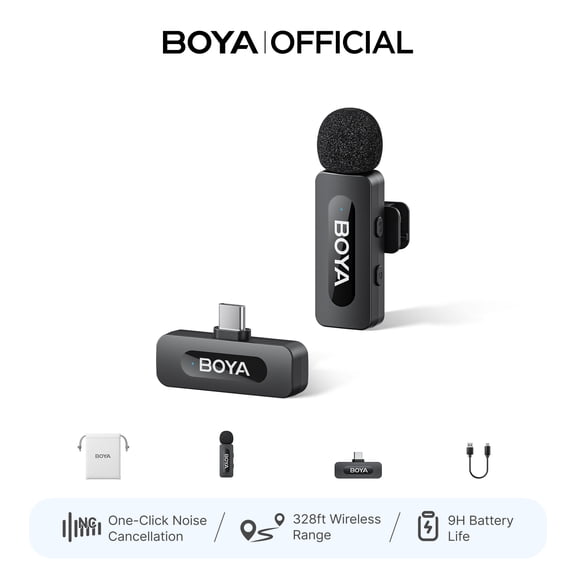 BOYA BY-V10 Wireless Microphone for iphone 15/16/17, 328Ft Transmission with 9H Battery, AI Noise Reduction, Use while Charging, for Live Streaming and Video Creation