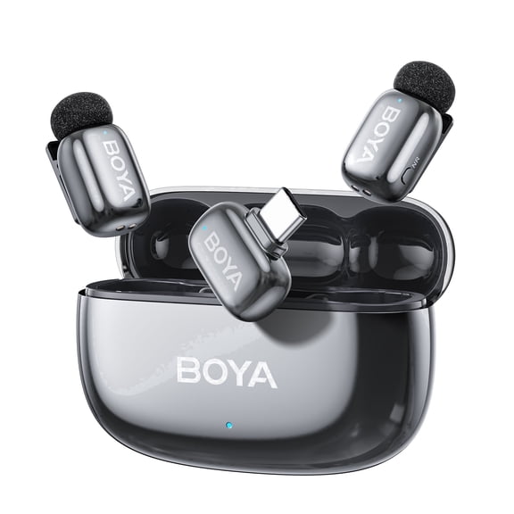BOYA Mini 2 Wireless Lavalier Microphone, for iPhone/iPad/iPod, 30H,MIF, 328 FT, AI Cancelling, with Charging Case for Vlog, Streaming, Gray