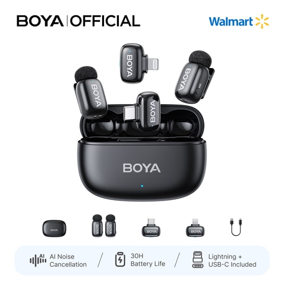 BOYA Mini 2 Wireless Lavalier Microphone for iPhone 17 16 15 and Android, AI Cancelling, 328 FT, 30H, Plug & Play, for Tiktok, YouTube, Streaming,Black