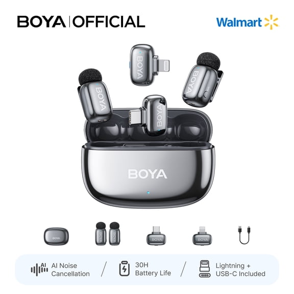 BOYA Mini 2 Wireless Lavalier Microphone for iPhone/Android, 328 FT, AI Cancelling, 30 H, Plug & Play, Lavalier Microphone for Tiktok, YouTube, Streaming, Gray