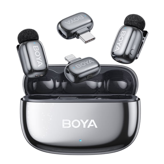 BOYA Mini 2 Wireless Lavalier Microphone for iPhone/Android, 328 FT, AI Cancelling, 30 H, Plug & Play, Lavalier Microphone for Tiktok, YouTube, Streaming, Gray