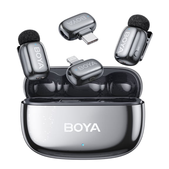 BOYA Mini 2 Wireless Lavalier Microphone for iPhone/Android, 328 FT, AI Cancelling, 30 H, Plug & Play, Lavalier Microphone for Tiktok, YouTube, Streaming, Gray