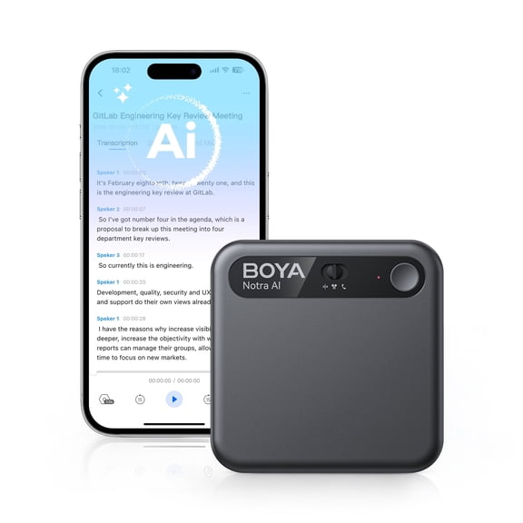 BOYA Notra AI Voice Recorder, 64GB Digital Recorder with Transcription, Noise Reduction for Meetings, Calls & Lectures, Black