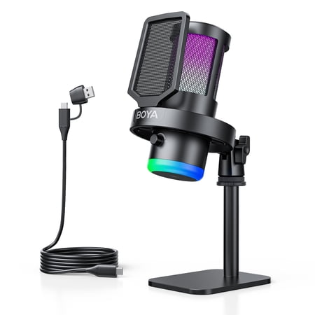 BOYA USB Gaming Microphone for Windows, MasOS, Andriod, iOS, PS4, PS5, Streaming Microphone with 9 RGB, 3.5mm Headphone, Gain Knob, Mute Button, DSP Noise Reduction, (with Desktop Stand )
