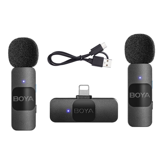 BOYA Wireless Microphone System BY-V2 One-Trigger-Two 2.4G Clip-on Phone Omnidirectional Mic Auto Pairing Smart Noise Reduction 50M Transmission Replacement for 14/13/12/11 Se