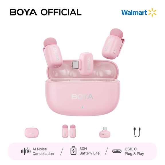 BOYA mini 2 Pink 2-Person Wireless Lavalier Microphone for iPhone 15/16/17/18, Dual Clip-on Mics with AI Noise Cancellation, 48kHz/24-bit Audio and Charging Case for TikTok YouTube Vlog Interviews