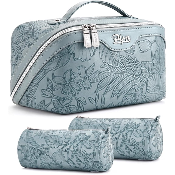 BOYATU Travel Makeup Bags Cosmetic Organizer Bag: 3 Pcs Set Large Capacity Floral Make up Bag with Compartments - Waterproof Leather Toiletry Bags with Handle for Women (Light Blue)