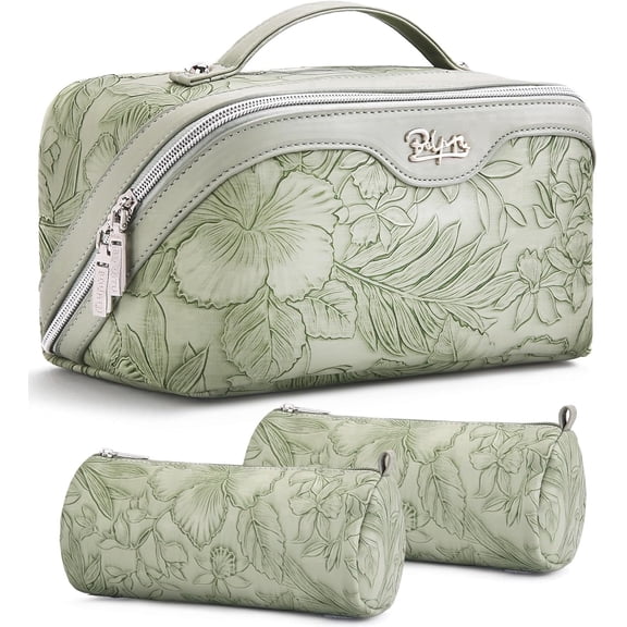 BOYATU Travel Makeup Bags Cosmetic Organizer Bag: 3 Pcs Set Large Capacity Floral Make up Bag with Compartments - Waterproof Leather Toiletry Bags with Handle for Women (Light Green)