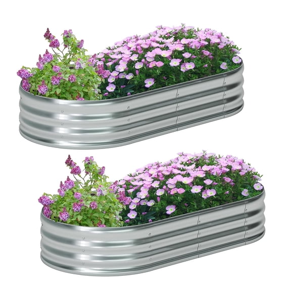 BOYOO Silver Oval Metal Raised Garden Bed Bottomless Planter Box, 4'x2'x1' (2Pack)