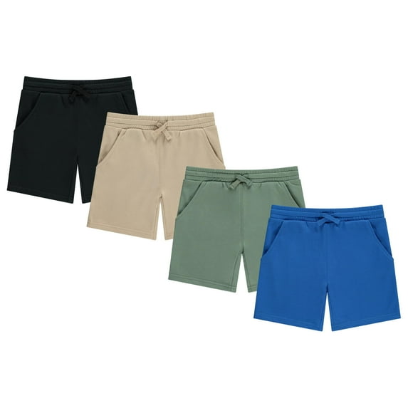 Stitch Stone Boys 4 Pack French Terry Shorts Soft Breathable Cotton Lounge Shorts with Elastic Waist Drawstring, Jetbk, 10-12