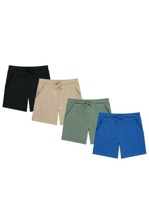 Stitch Stone Boys 4 Pack French Terry Shorts Soft Breathable Cotton Lounge Shorts with Elastic Waist Drawstring, Jetbk, 10-12